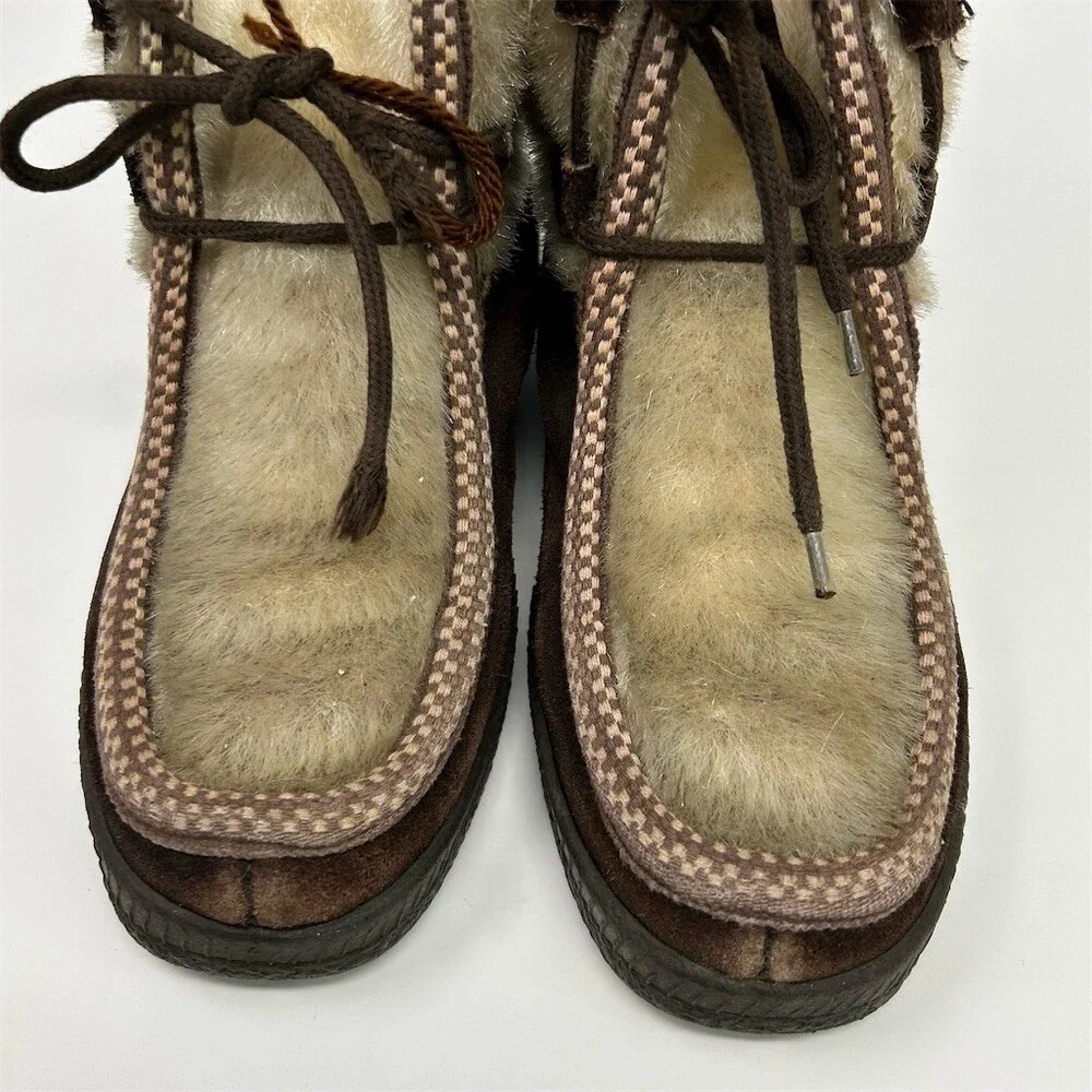 Snowland Vintage Apres Ski Snow Boots Womens Brown Cream Lace-Up Ankle Size 36
